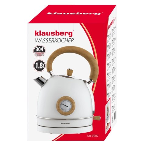 Czajnik elektryczny z termometrem, stal nierdzewna, biały z drewnem, 1,8L, 1850-2200W, KLAUSBERG, KB-9007