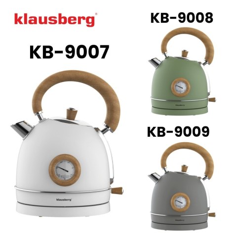 Czajnik elektryczny z termometrem, stal nierdzewna, biały z drewnem, 1,8L, 1850-2200W, KLAUSBERG, KB-9007