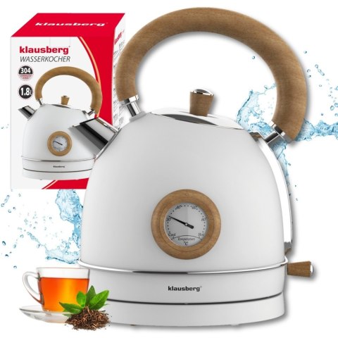 Czajnik elektryczny z termometrem, stal nierdzewna, biały z drewnem, 1,8L, 1850-2200W, KLAUSBERG, KB-9007