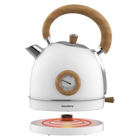 Czajnik elektryczny z termometrem, stal nierdzewna, biały z drewnem, 1,8L, 1850-2200W, KLAUSBERG, KB-9007