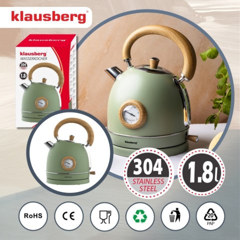 Czajnik elektryczny z termometrem, stal nierdzewna, zielony z drewnem, 1,8L, 1850-2200W, KLAUSBERG, KB-9008