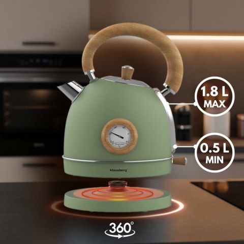 Czajnik elektryczny z termometrem, stal nierdzewna, zielony z drewnem, 1,8L, 1850-2200W, KLAUSBERG, KB-9008