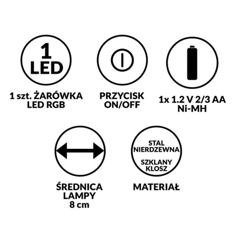 LAMPA SOLARNA SZKLANA KULA 7,5x34CM RGB