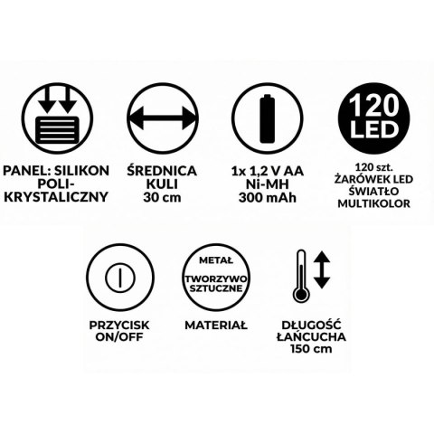 LAMPA SOLARNA WISZĄCA KULA 30CM 120 LED MULTIKOLOR