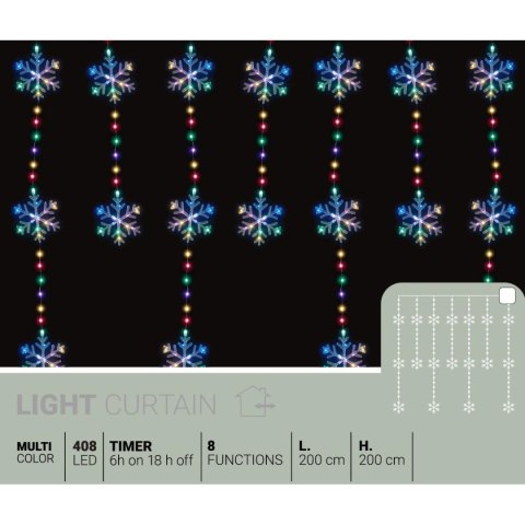 LAMPKI CHOINKOWE KURTYNA ŚWIETLNA 200x200 CM 408LED PŁATKI ŚNIEGU MULTIKOLOR
