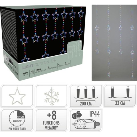 LAMPKI CHOINKOWE KURTYNA ŚWIETLNA 200x200 CM 415LED GWIAZDKI MULTIKOLOR