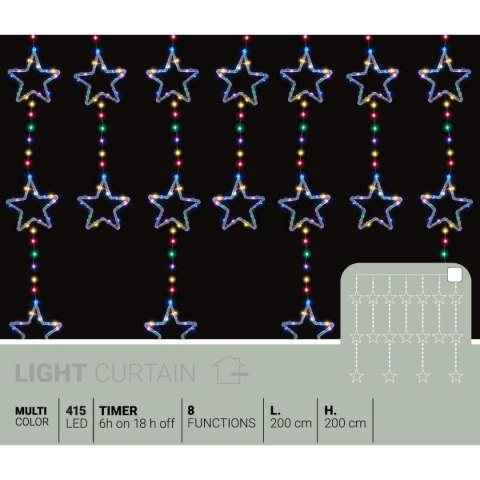 LAMPKI CHOINKOWE KURTYNA ŚWIETLNA 200x200 CM 415LED GWIAZDKI MULTIKOLOR