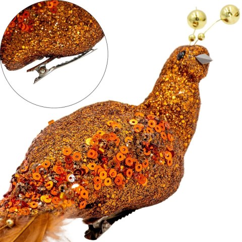 PTASZEK DEKORACYJNY NA KLIPSIE 38CM BRĄZOWO MIEDZIANY