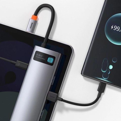 Hub Baseus Metal Gleam 8w1 USB-C - USB-C PD 100W 1x HDMI 4K 30Hz 1x czytnik kart SD i microSD 3x USB-A 3.2 1xRJ45 - szary