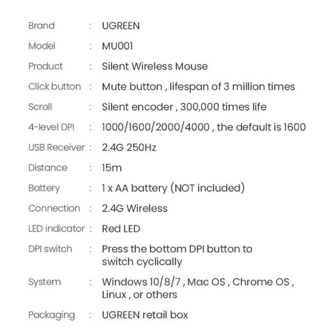 Ugreen poręczna myszka bezprzewodowa USB zielony (MU001)