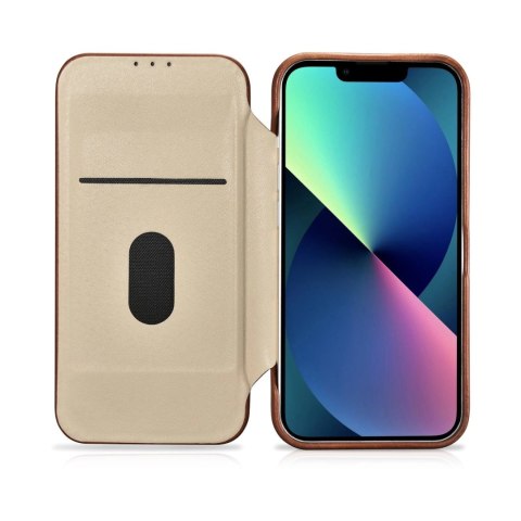 ICarer CE Oil Wax Premium Leather Folio Case skórzane etui iPhone 14 Plus z klapką magnetyczne MagSafe brązowy (AKI14220707-BN)