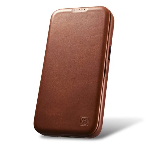 ICarer CE Oil Wax Premium Leather Folio Case skórzane etui iPhone 14 Plus z klapką magnetyczne MagSafe brązowy (AKI14220707-BN)