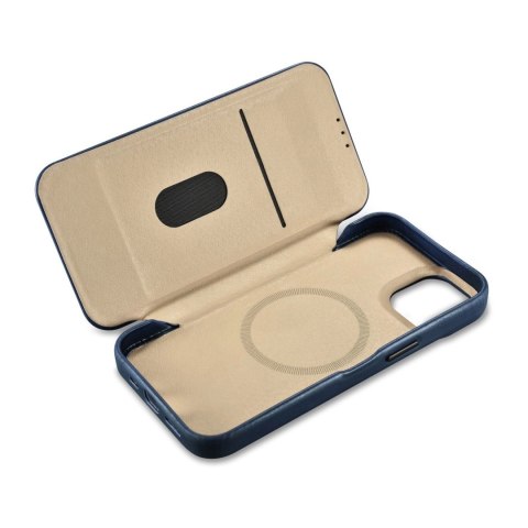 ICarer CE Oil Wax Premium Leather Folio Case skórzane etui iPhone 14 Plus z klapką magnetyczne MagSafe niebieski (AKI14220707-BU