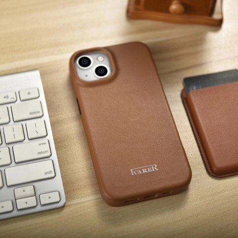 ICarer CE Premium Leather Folio Case skórzane etui iPhone 14 Plus z klapką magnetyczne MagSafe brązowy (WMI14220715-BN)