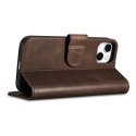 ICarer Oil Wax Wallet Case 2in1 etui iPhone 14 Plus skórzany pokrowiec z klapką Anti-RFID brązowy (WMI14220723-BN)