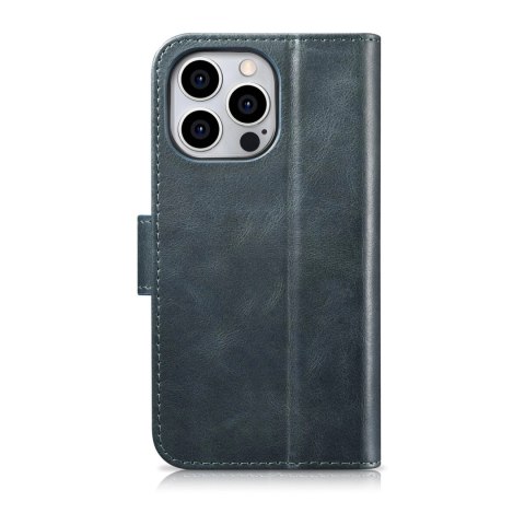 ICarer Oil Wax Wallet Case 2in1 etui iPhone 14 Pro Max skórzany pokrowiec z klapką Anti-RFID niebieski (WMI14220724-BU)