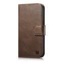 ICarer Oil Wax Wallet Case 2in1 etui iPhone 14 Pro skórzany pokrowiec z klapką Anti-RFID brązowy (WMI14220722-BN)