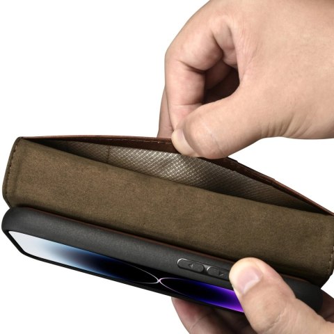 ICarer Oil Wax Wallet Case 2in1 etui iPhone 14 Pro skórzany pokrowiec z klapką Anti-RFID brązowy (WMI14220722-BN)