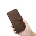 ICarer Oil Wax Wallet Case 2in1 etui iPhone 14 Pro skórzany pokrowiec z klapką Anti-RFID brązowy (WMI14220722-BN)