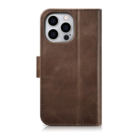 ICarer Oil Wax Wallet Case 2in1 etui iPhone 14 Pro skórzany pokrowiec z klapką Anti-RFID brązowy (WMI14220722-BN)