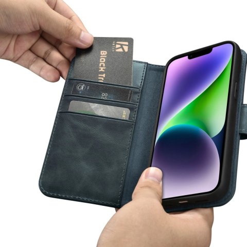 ICarer Oil Wax Wallet Case 2in1 etui iPhone 14 skórzany pokrowiec z klapką Anti-RFID niebieski (WMI14220721-BU)