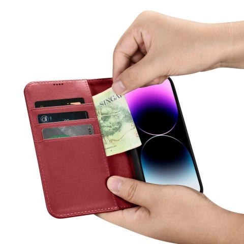 ICarer Wallet Case 2in1 etui iPhone 14 Pro Max skórzany pokrowiec z klapką Anti-RFID czerwony (WMI14220728-RD)