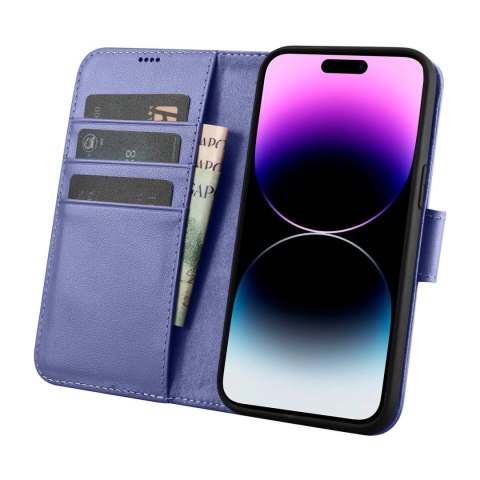 ICarer Wallet Case 2in1 etui iPhone 14 Pro Max skórzany pokrowiec z klapką Anti-RFID jasnofioletowy (WMI14220728-LP)