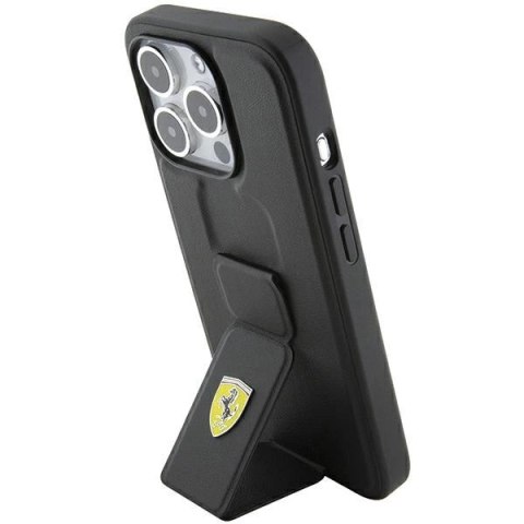 Etui Ferrari Grip Stand Metal Logo na iPhone 15 Pro - czarne