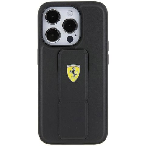 Etui Ferrari Grip Stand Metal Logo na iPhone 15 Pro - czarne