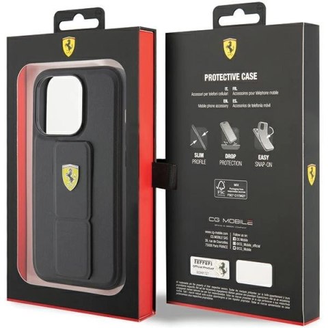 Etui Ferrari Grip Stand Metal Logo na iPhone 15 Pro - czarne