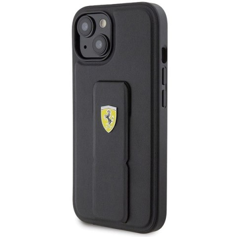 Etui Ferrari Grip Stand Metal Logo na iPhone 15 - czarne