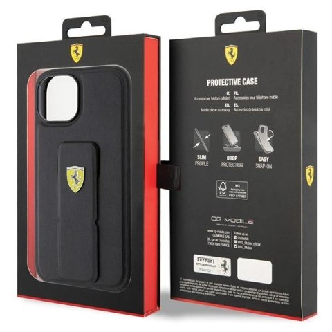 Etui Ferrari Grip Stand Metal Logo na iPhone 15 - czarne