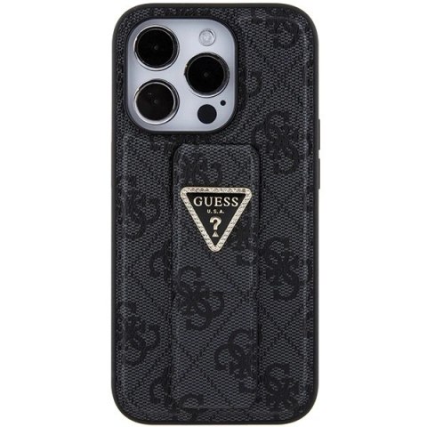 Etui Guess Grip Stand 4G Triangle Strass na iPhone 15 Pro - czarne
