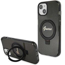 Etui Guess Ring Stand Script Glitter MagSafe na iPhone 15 Plus / 14 Plus - czarne