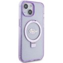 Etui Guess Ring Stand Script Glitter MagSafe na iPhone 15 Plus / 14 Plus - fioletowe