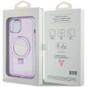 Etui Guess Ring Stand Script Glitter MagSafe na iPhone 15 Plus / 14 Plus - fioletowe