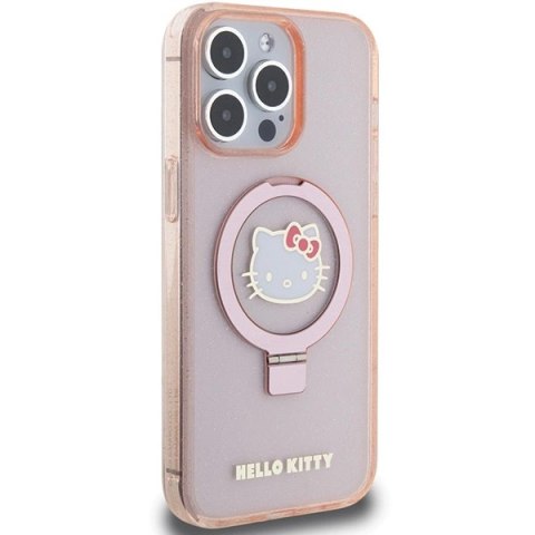 Etui Hello Kitty Ring Stand Glitter Electrop Logo MagSafe na iPhone 15 Pro Max - różowe