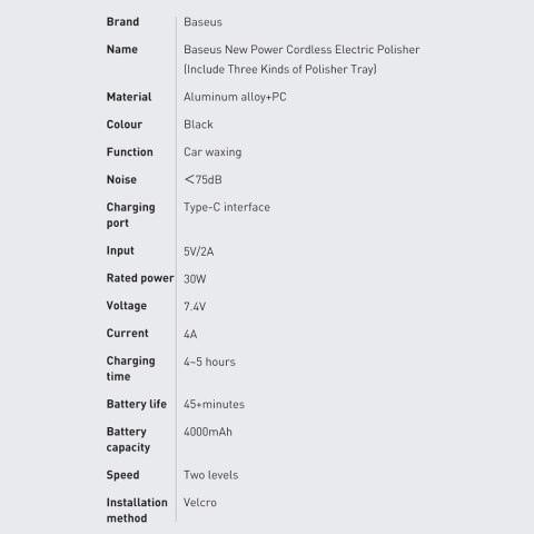 Baseus bezprzewodowa elektryczna maszyna polerska 30W 4000mAh czarna (CRDLQ-B01)