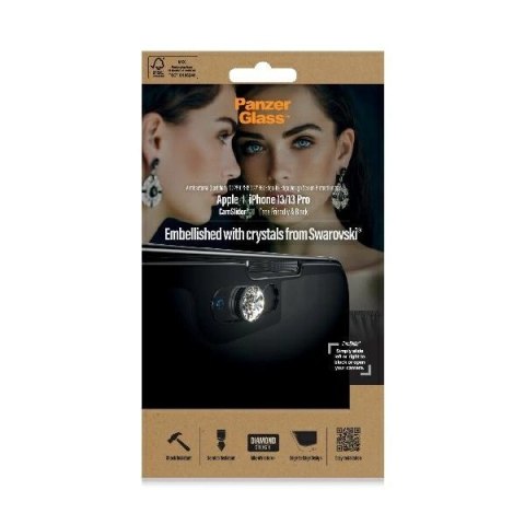 Szkło PanzerGlass E2E Microfracture antybakteryjne z osłoną aparatu z kryształem Swarovsky na iPhone 13 / 13 Pro - z czarną ramk