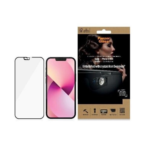 Szkło PanzerGlass E2E Microfracture antybakteryjne z osłoną aparatu z kryształem Swarovsky na iPhone 13 mini - z czarną ramką