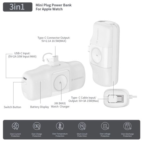Mini powerbank Wozinsky WF16-YCS 5000mAh 15W USB-C z wbudowanym kablem USB-C i ładowarką do Apple Watch - biały