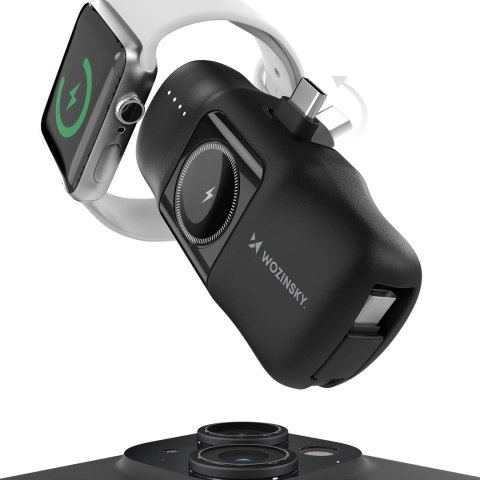 Mini powerbank Wozinsky WF16-YCS 5000mAh 15W USB-C z wbudowanym kablem USB-C i ładowarką do Apple Watch - czarny