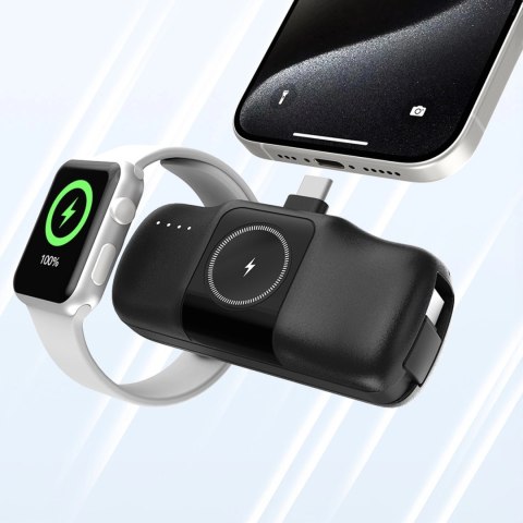 Mini powerbank Wozinsky WF16-YCS 5000mAh 15W USB-C z wbudowanym kablem USB-C i ładowarką do Apple Watch - czarny