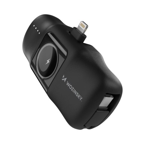 Mini powerbank Wozinsky WF16-YLS 5000mAh 15W Lightning z wbudowanym kablem USB-C i ładowarką do Apple Watch - czarny