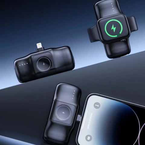 Mini powerbank Wozinsky WF16-YLS 5000mAh 15W Lightning z wbudowanym kablem USB-C i ładowarką do Apple Watch - czarny