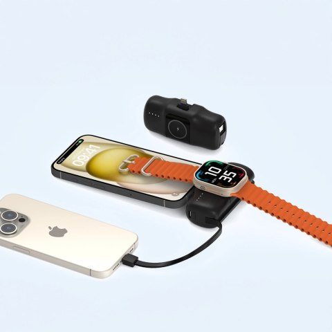 Mini powerbank Wozinsky WF16-YLS 5000mAh 15W Lightning z wbudowanym kablem USB-C i ładowarką do Apple Watch - czarny