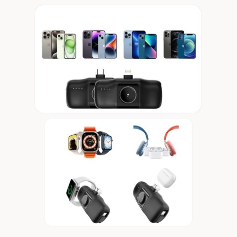 Mini powerbank Wozinsky WF16-YLS 5000mAh 15W Lightning z wbudowanym kablem USB-C i ładowarką do Apple Watch - czarny
