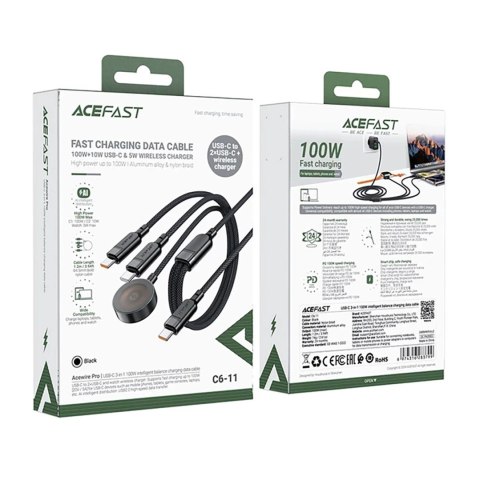 Kabel 3w1 Acefast C6-11 USB-C - 2x USB-C / Qi 480Mb/s 100W 1.2m - czarny