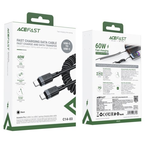 Kabel Acefast C14-03 USB-C - USB-C sprężynowy 480Mb/s 3A 1.2m - czarny
