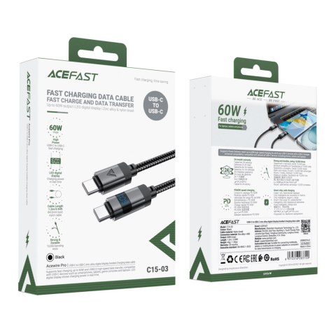 Kabel Acefast C15-03 USB-C - USB-C z wyświetlaczem 480Mb/s 60W 1,2 m - czarny